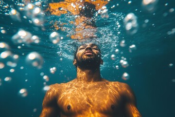 Man enjoying a peaceful moment underwater with sunlight filtering through