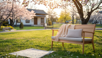 Obraz premium cozy wooden bench with cushions under cherry blossoms in sunny garden
