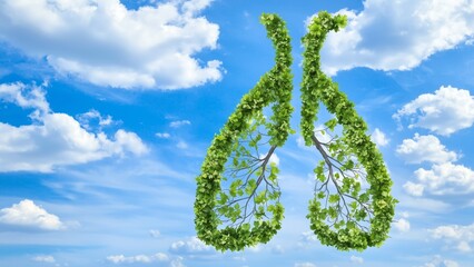 Obraz premium An artistic representation of healthy lungs, made of tree branches and leaves, symbolizing fresh air and breathing, set against a light sky-blue background