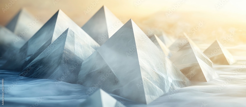 Poster three dimensional geometric pyramids in soft natural lighting with intricate texture and copyspace f