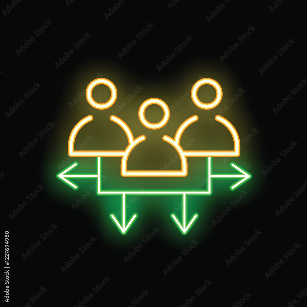 Poster glowing neon icon representing a workflow management system with a team and arrows showing different