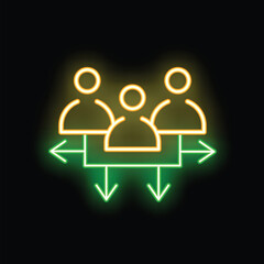 Glowing neon icon representing a workflow management system with a team and arrows showing different processes