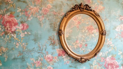 Antique rose gold mirror framed in ornate wood against vibrant floral wallpaper providing ideal text space for elegant interior design themes