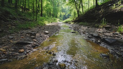 Rocky creek with vehicle tracks in a serene black and white forest landscape showcasing nature's tranquility and rugged terrain.
