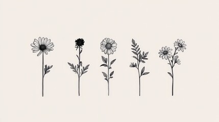 Fototapeta premium Five monochrome floral illustrations on a beige background, each showcasing a different stage of a flower's life cycle from bud to seed head. Simple