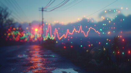 Vibrant stock market graph with accordion design set against an electric power line background