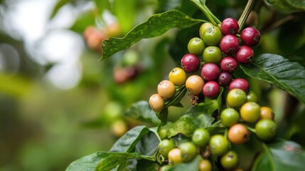 Organic Capsicum annuum plant showcasing vibrant unripe and ripe peppers in a tropical garden setting.
