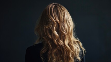 Fototapeta premium Young fashionable model showcasing long wavy blonde hair from the rear against a dark background highlighting hair texture and style.