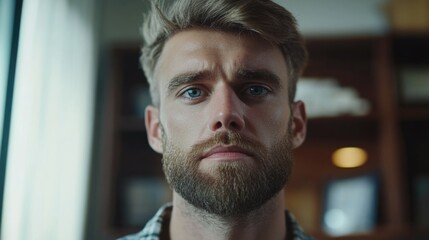 Obraz premium Close-up Portrait of a Serious Man with Beard in Modern Indoor Setting for Marketing and Advertising Purposes