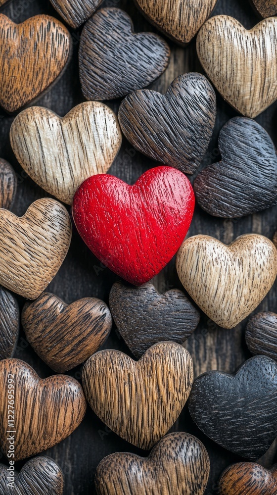Poster A vibrant red heart stands out among an array of wooden hearts, each uniquely crafted with different textures and shades, creating a captivating and warm atmosphere