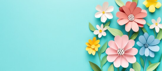 Naklejka premium Colorful Paper Flowers Greeting Card for Mother's Day on Turquoise Background with Empty Space for Personal Message and Celebration Wishes