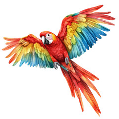 Fototapeta premium Colorful Macaw Soaring Through the Sky Showcasing Vibrant Plumage in a Tropical Paradise