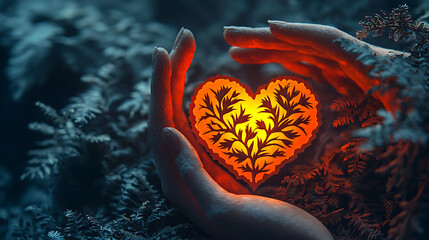 A glowing yellow heart with a tree silhouette shape in the hands, representing the concept of loving and protecting nature