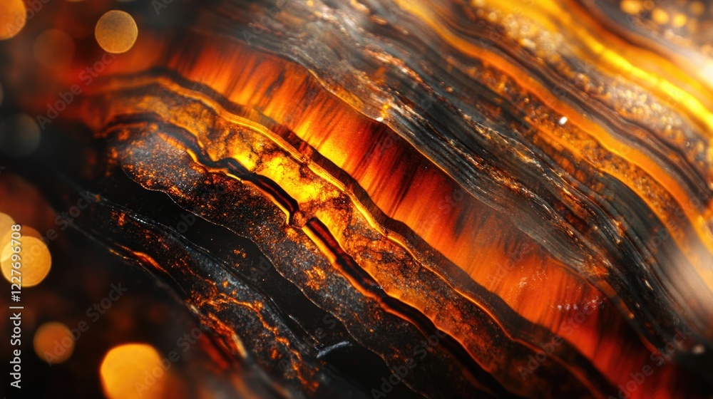 Poster close up of red tiger eye stone texture with vibrant patterns and bokeh effect suitable for abstract