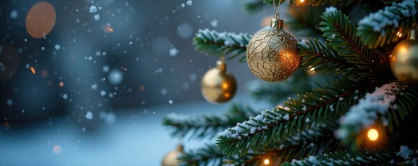 Obraz premium Snowflakes falling on a Christmas tree, snowflakes, Christmas tree, winter