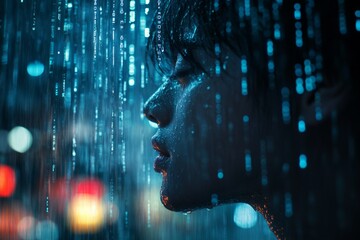 Woman with wet face observing falling binary code in a rainy city night