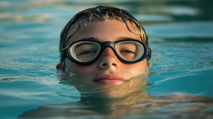 Naklejka premium Confident teenage swimmer emerging from serene waters showcasing determination and focus in a tranquil swimming environment