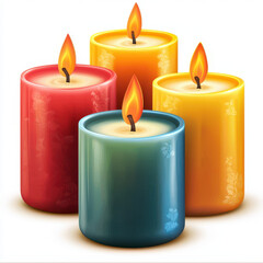 Brightly colored candles with flames, creating warm ambiance