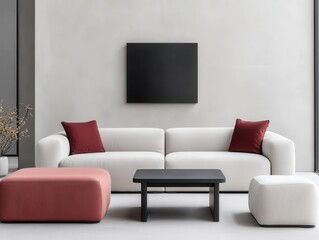 Living room with modular ottomans, a foldable coffee table, and wallmounted media storage for minimalism