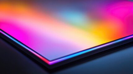 Vibrant holographic metal print close up highlighting light reflections with colorful gradients and space for customizable text or graphics