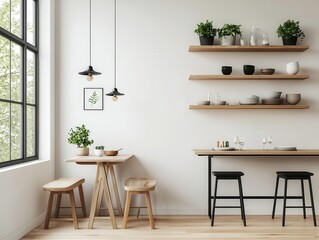 Small dining area with a compact bench, wallmounted shelves, and a narrow table for tight spaces