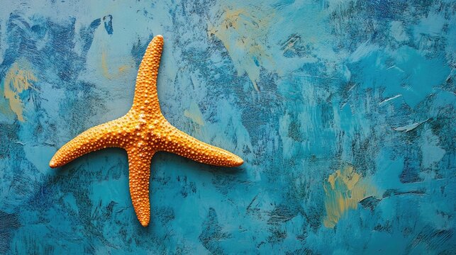 Vibrant Orange Starfish Resting on a Textured Blue Surface with Artistic Backdrop