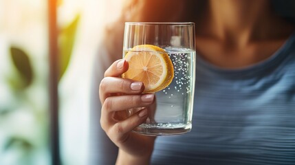 Close-up of a person holding a glass of water with lemon  healthy habits