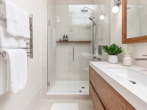 Small bathroom with a floating vanity, corner shower, and wallmounted storage solutions, maximizing functionality