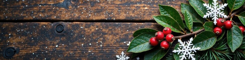Obraz premium Snowflakes and holly berries adorn a rustic wooden beam, decorative, snowflakes, winter