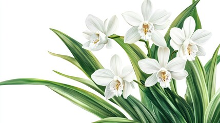 Naklejka premium Elegant White Orchid Flowers with Lush Green Leaves Isolated on a Bright White Background for Floral Designs and Prints