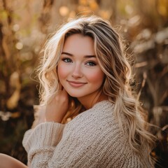 Naklejka premium A smiling young woman with wavy hair, wearing a cozy sweater, poses in a sunlit field surrounded by tall grasses, exuding warmth and natural beauty.