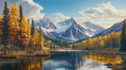 Fototapeta premium Majestic Rocky Mountain Landscape with Autumn Colors Reflected in Serene Lake