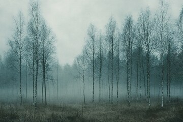 Misty morning in a birch forest