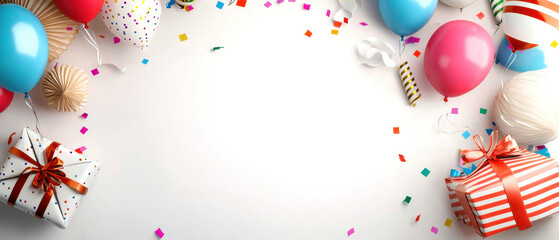 Colorful balloons and confetti with wrapped gifts on white background