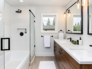 Small bathroom with a floating vanity, corner shower, and wallmounted storage solutions, maximizing functionality