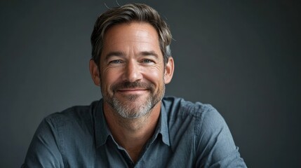 Fototapeta premium Confident smiling man in casual attire against a neutral background showcasing warmth and approachability in a professional portrait.