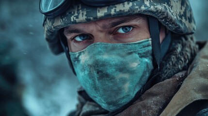 Medic soldier in camouflage mask displaying intense focus during warfare environment captured in a close-up portrait.