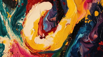 Vibrant abstract painting featuring dynamic swirls and bold colors creating an energetic visual composition of number 222222.