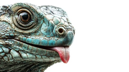 Obraz premium Iguana lizard close up showcasing vibrant colors and dynamic pose against white background with ample space for text or design elements