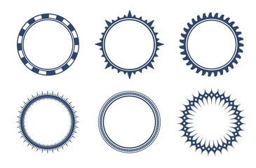 Set of circular decorative frames in different styles, including casino chip, sharp sunburst, and minimalist dotted designs. Perfect for labels, certificates, and design elements