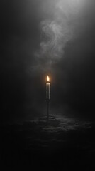 White candle burning with smoke on a dark background, creating a dramatic and mysterious atmosphere