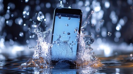 Mobile phone warranty insurance service with submerged smartphone in water showcasing protection against damage and accidental drops