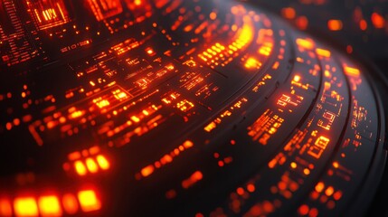 Abstract digital background with glowing orange circuits and lines, dark background, close up view, technological theme, futuristic design, high