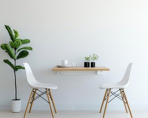 Tiny dining area with a dropleaf table, stackable chairs, and wallmounted storage for versatility