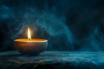 Fototapeta premium Candle burns brightly, surrounded by swirling smoke in dim light