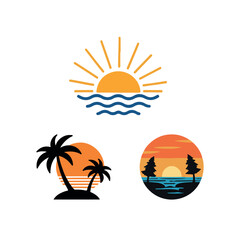 Obraz premium summer sunrise and sunset beach with tree icon vector element t-shirt design illustrations