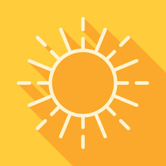Line vector sun icon with long shadow on yellow background. Minimalist summer weather symbol.