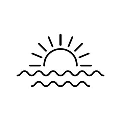Sun rising over waves. Sunset simple black line icon on white background.