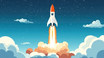 Rocket Launch Against a Blue Sky with Billowing Clouds and Vibrant Exhaust Flames