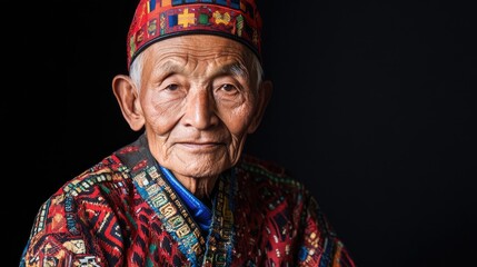 Fototapeta premium Elderly practitioner in traditional attire showcasing cultural heritage and wisdom with intricate patterns and distinct headdress.